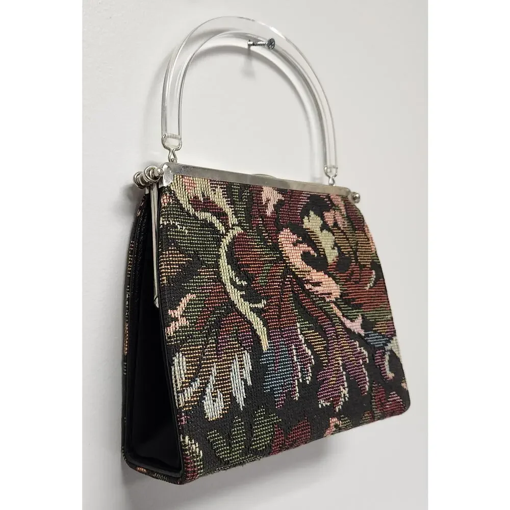 Vintage Multicolor Floral Tapestry Purse Lucite Handle Convertible Bag